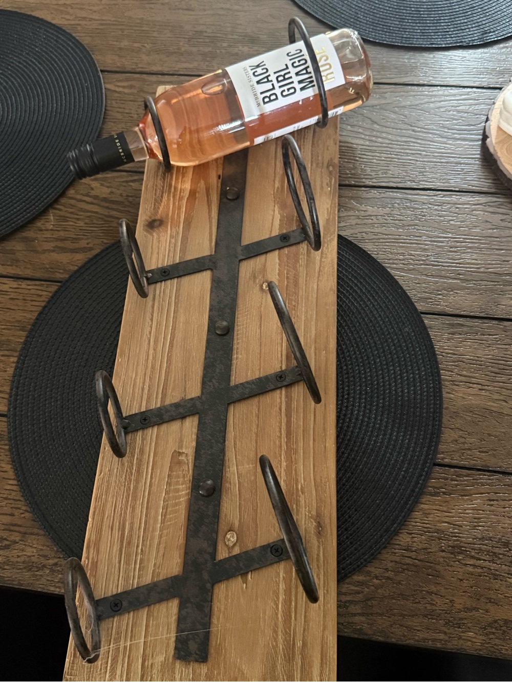 Rustic Wooden Wine Rack with Iron Holders - Black/Brown